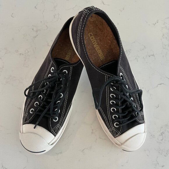 Converse Jack Purcell Lo Cut Lace Up Canvas Sneakers Cork Insoles Blk Wht 9.5M - Picture 1 of 11